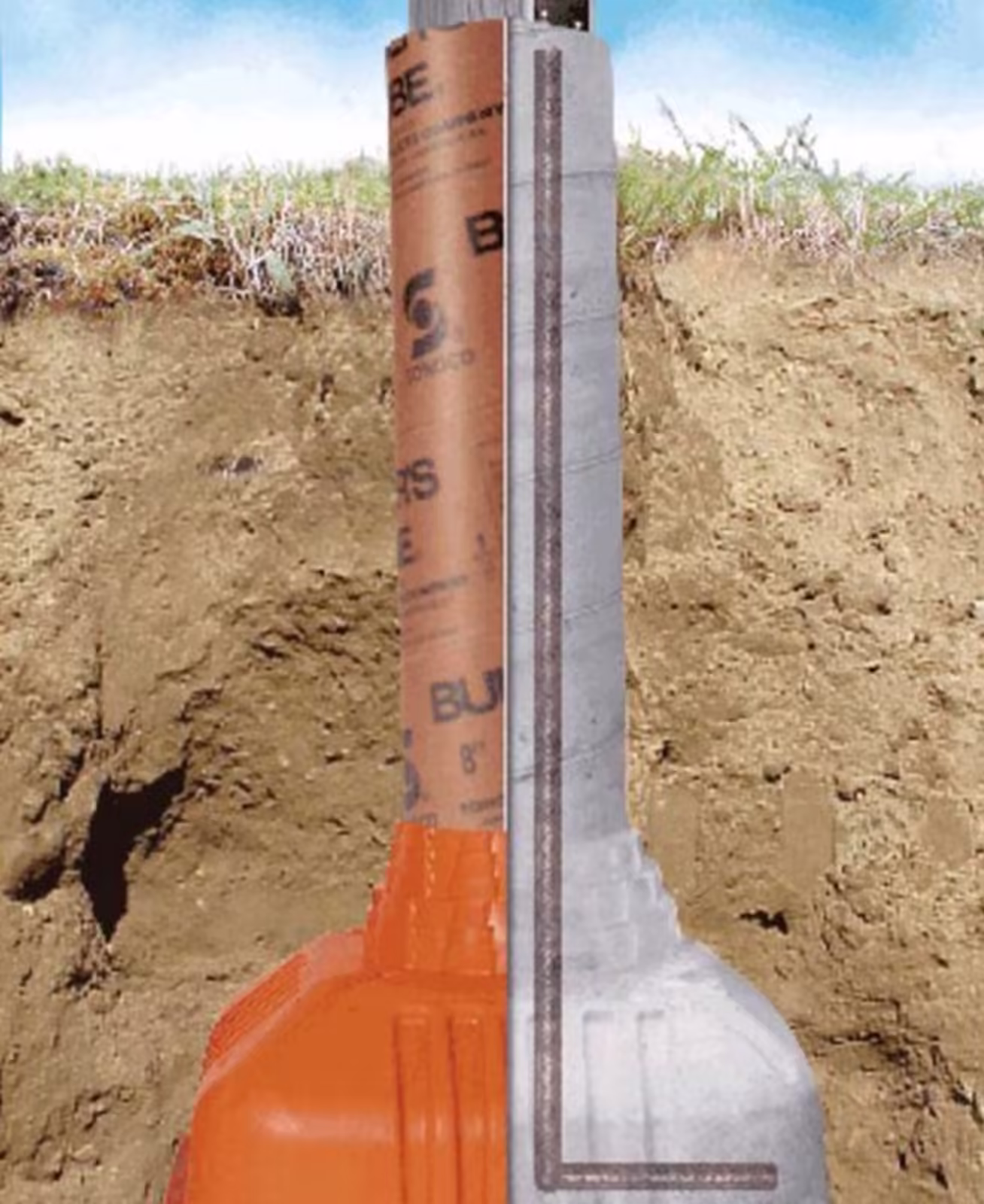 Cutaway of a deck footing: cardboard form tube and poured concrete pier buried below ground level in soil