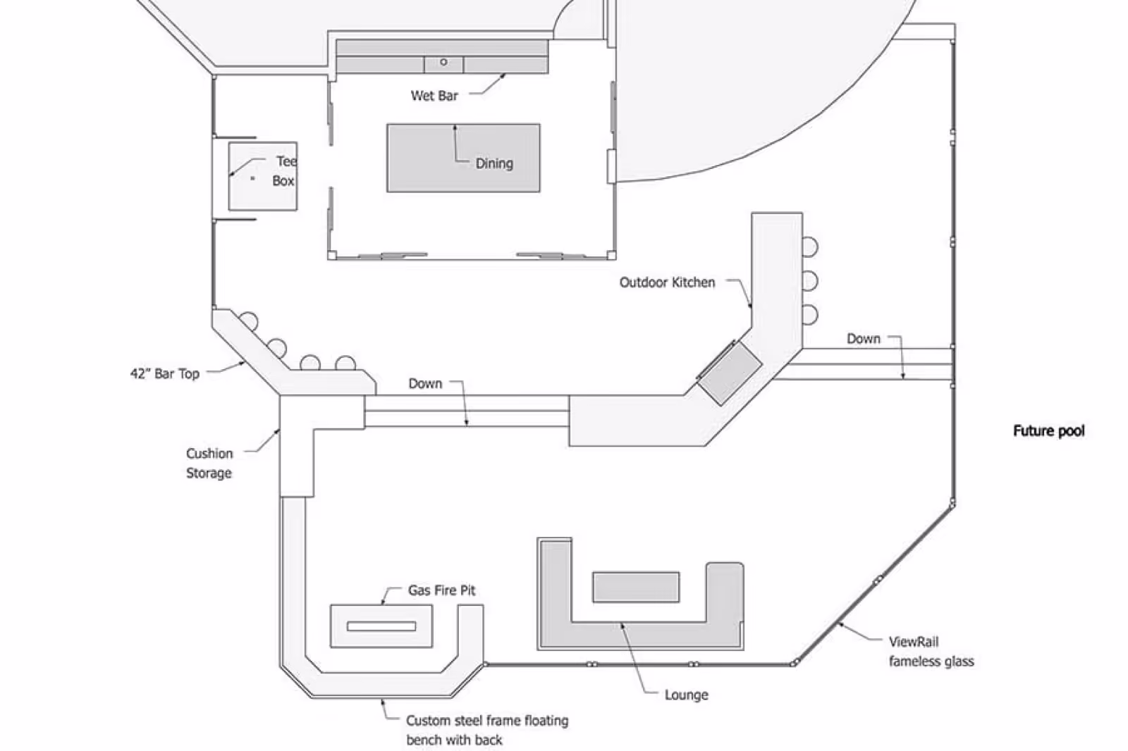 Concept drawing of a deck in plan view with labelled wet bar, dining, outdoor kitchen, bar top, fire pit and lounge areas