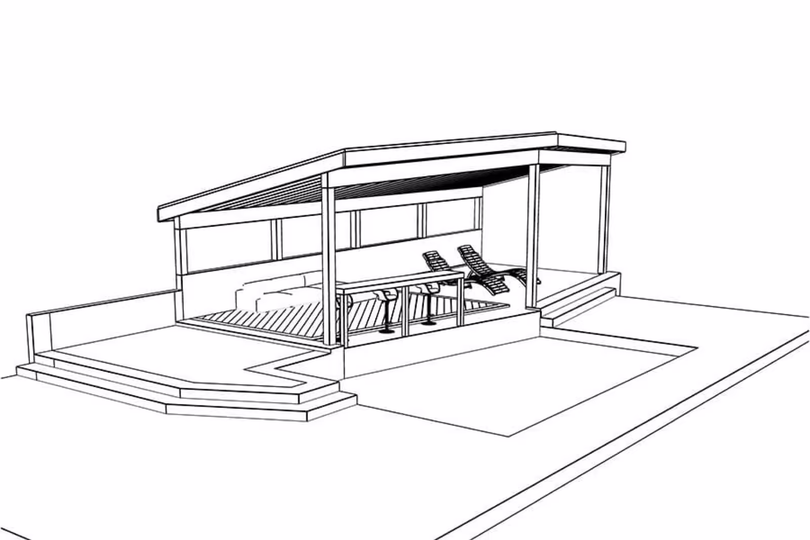 Line-drawing 3D perspective of a covered deck with a louvered roof, lounge seating and bar stools beside a pool